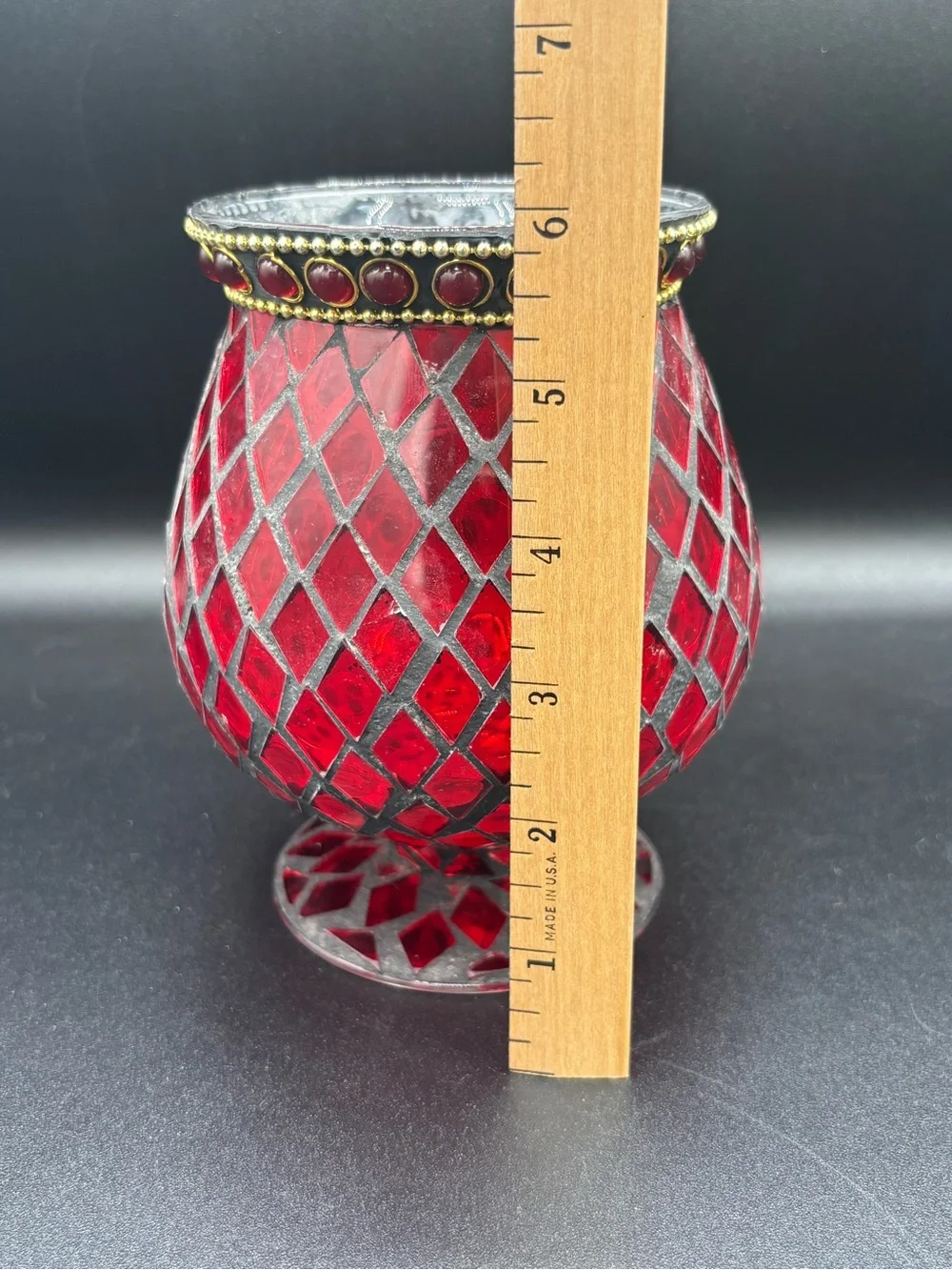 RED MOSAIC HURRICANE GLASS VASE/CANDLE HOLDER  6” Tall